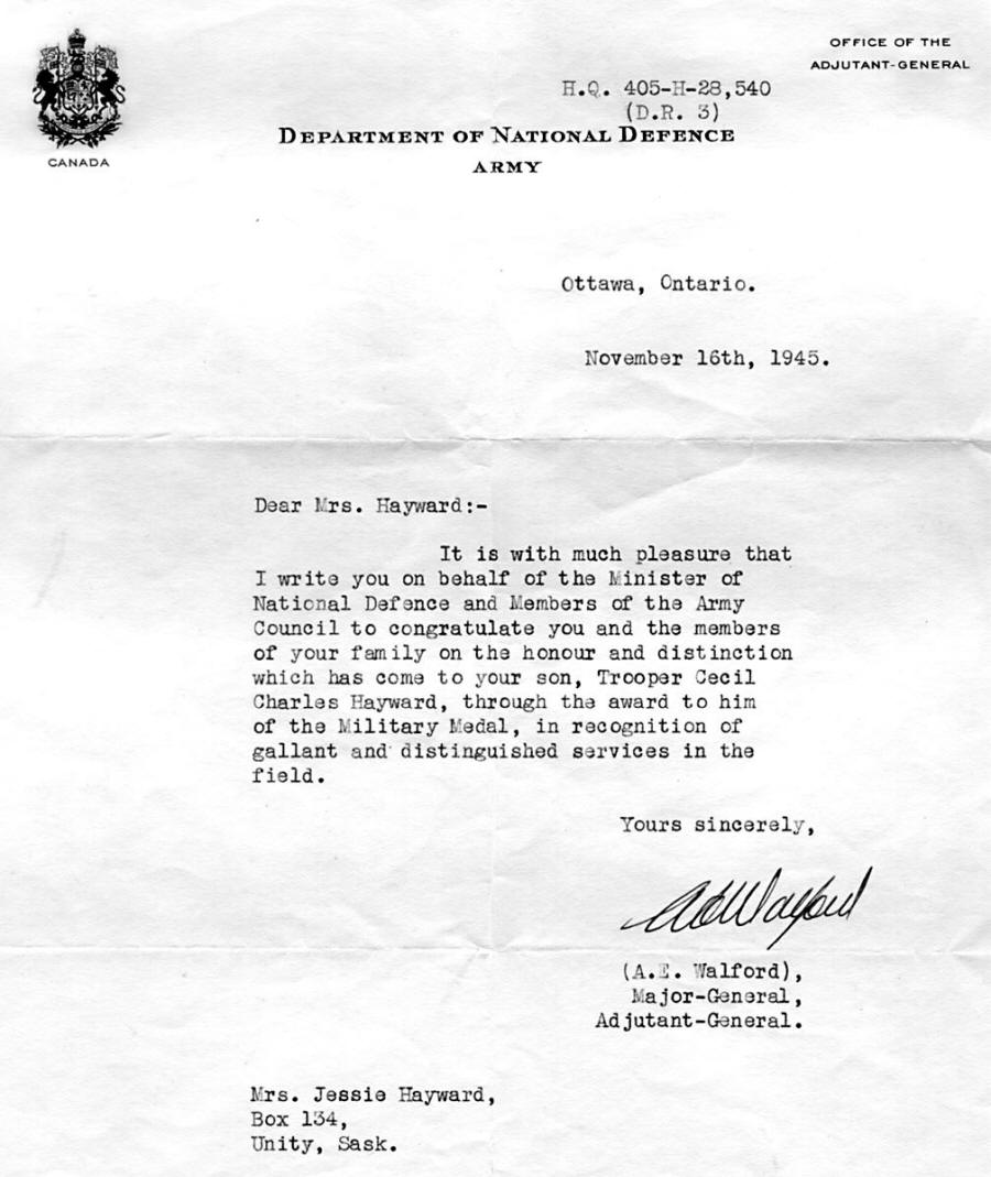 Letter Shirley's  Grandma received from Government about Cec and Military Medal