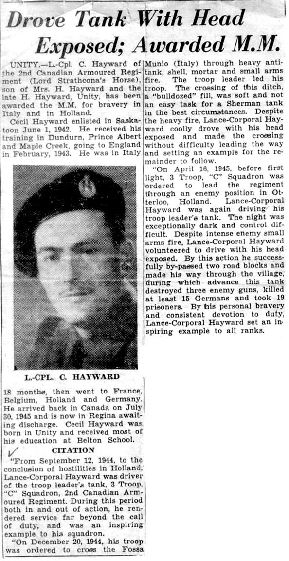 Newspaper article about Cec and winning Military Medal for Bravery